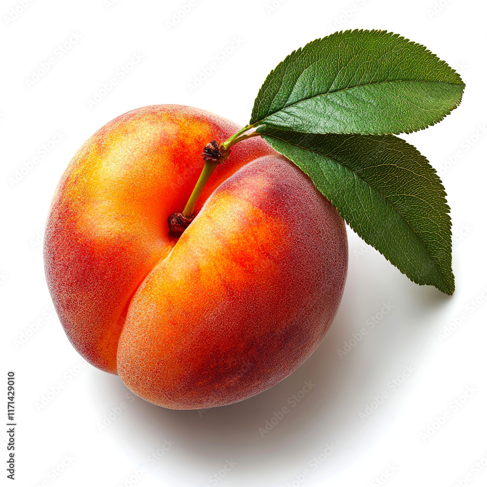 Ripe Peach with Leaf: A Vibrant, Fresh Fruit Image Ripe Peach with Leaf: A Vibrant, Fresh Fruit Image