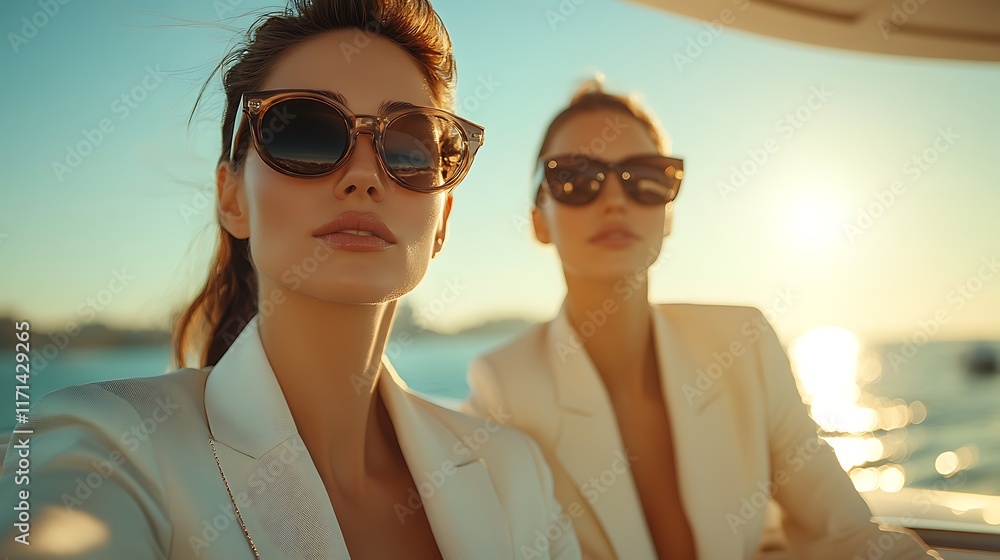 Stylish women enjoying sunset boat ride ocean lifestyle relaxation Stylish women enjoying sunset boat ride ocean lifestyle relaxation