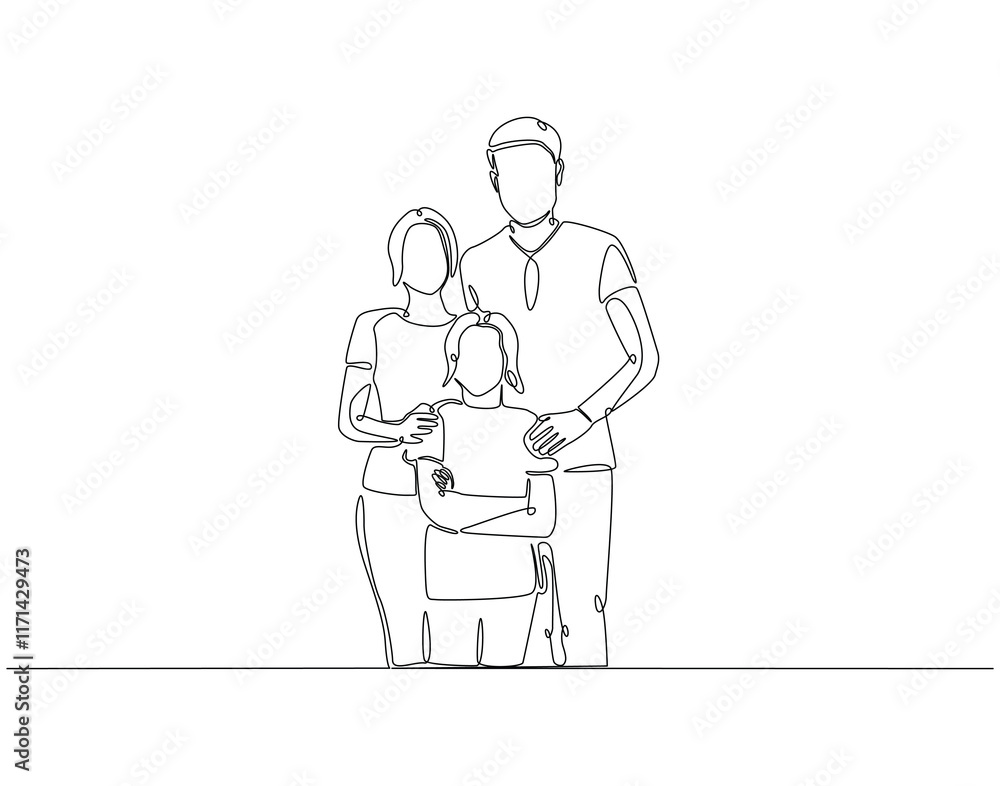 Continuous line drawing of family standing together. Single line illustration of happy family. Bonding, care, love concept. Editable outline Continuous line drawing of family standing together. Single line illustration of happy family. Bonding, care, love concept. Editable outline