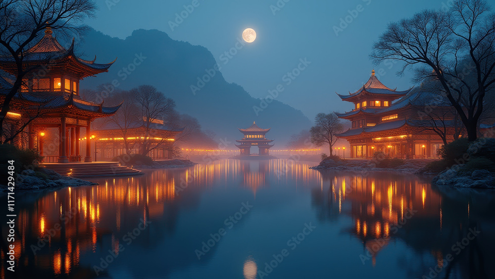 Fototapeta premium Serene Moonlit Chinese Temples - Night photography