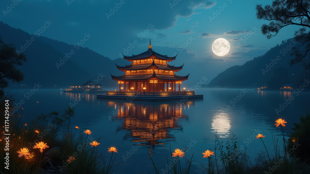 Obraz premium Serene Moonlit Pagoda Lake Scene - Asian/Oriental aesthetics