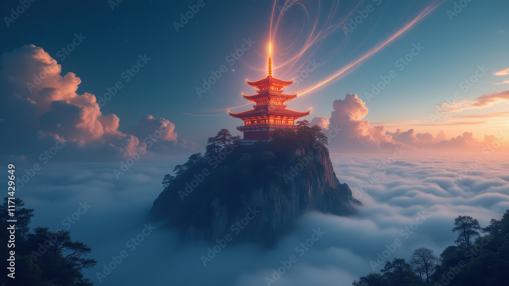 Obraz premium Serene Pagoda Above Cloudscape - Mystical and ethereal landscapes