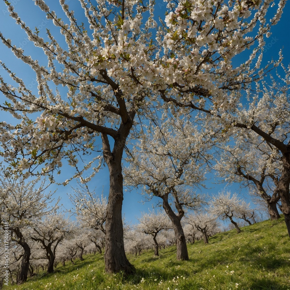 A hillside orchard filled with blossoming trees and a peaceful blue sky. A hillside orchard filled with blossoming trees and a peaceful blue sky.