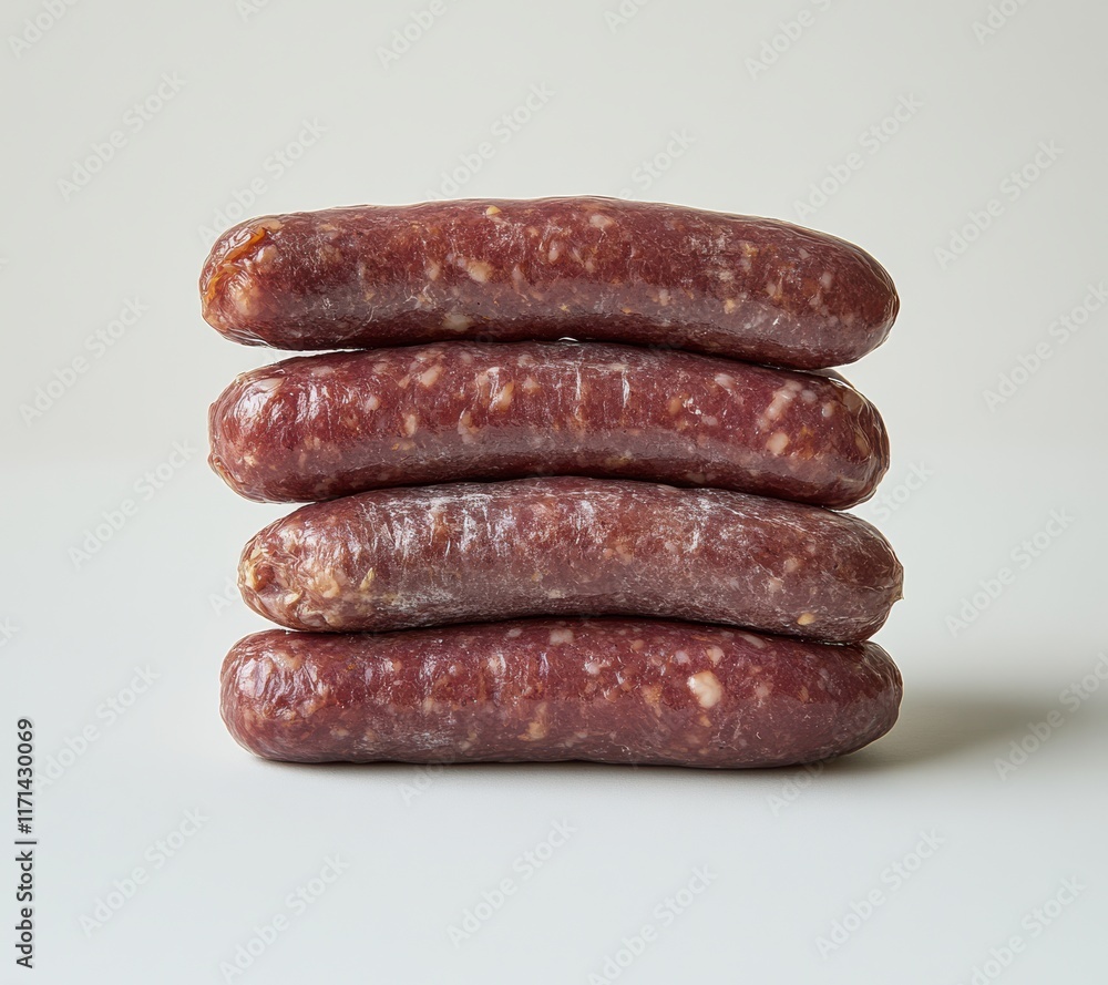 Fresh Raw Sausages Stacked on a Simple Background, Perfect for Culinary Themes, Food Photography, and Meat Products Promotion Fresh Raw Sausages Stacked on a Simple Background, Perfect for Culinary Themes, Food Photography, and Meat Products Promotion