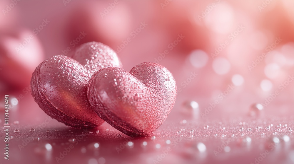 Obraz premium Two pink hearts with drops of water on the surface, creating the effect of freshness and radiance. The background is made in soft pink tones, adding a romantic and festive atmosphere.