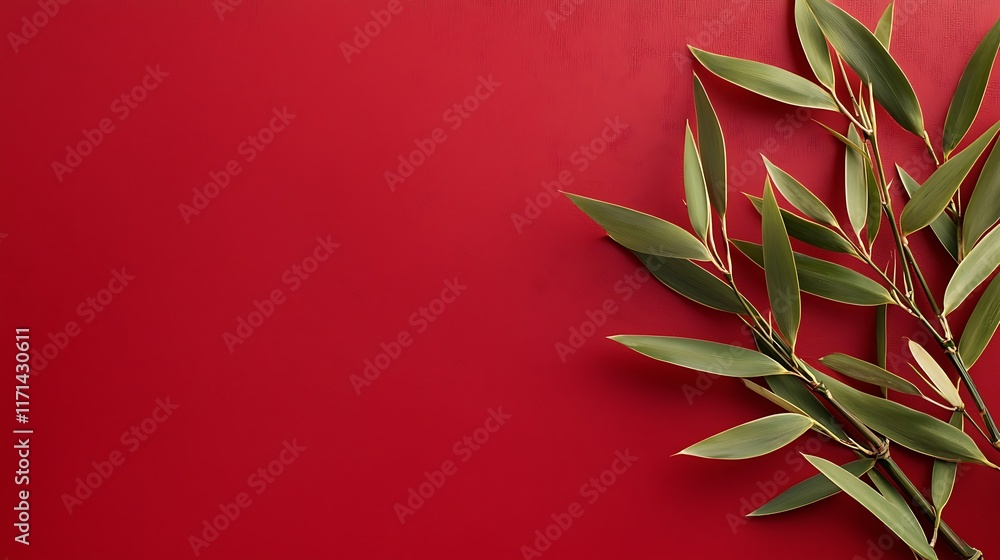 Captivating image of golden bamboo leaves elegantly draped against a rich red velvet backdrop creating a minimalist and sophisticated visual aesthetic Captivating image of golden bamboo leaves elegantly draped against a rich red velvet backdrop creating a minimalist and sophisticated visual aesthetic