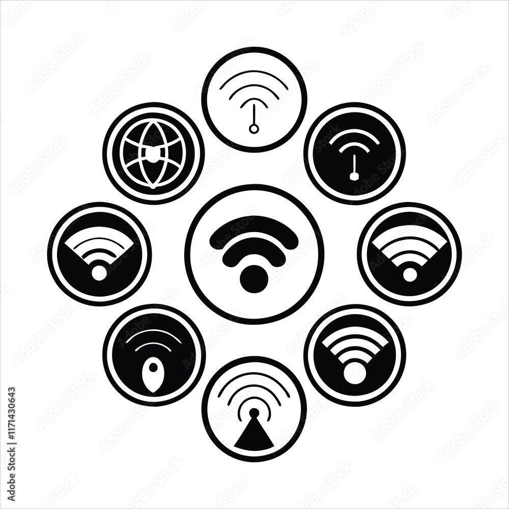 Minimalistic Wi-Fi and network icons in black and white, conveying connectivity and communication through modern, clean design. Minimalistic Wi-Fi and network icons in black and white, conveying connectivity and communication through modern, clean design.