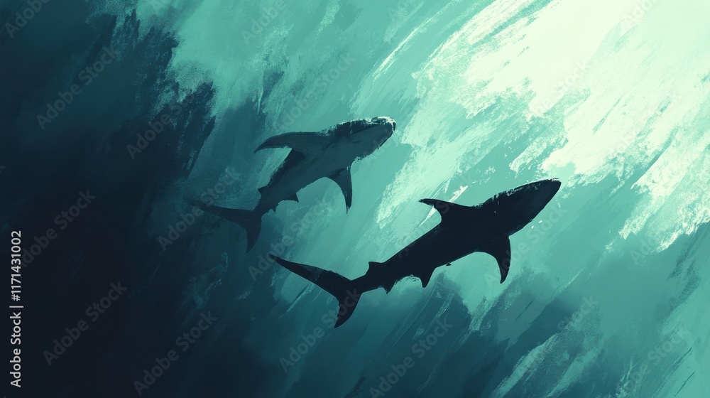 Fototapeta premium Graceful Sharks Swimming in the Open Ocean