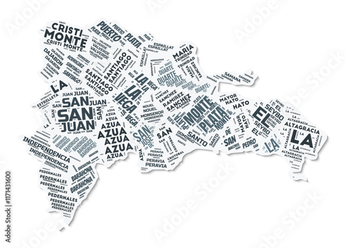 Dominican Republic shape text cloud. Country border with shadow on white background. Dominican Republic with regions division in vintage gazette style. Classy vector illustration.