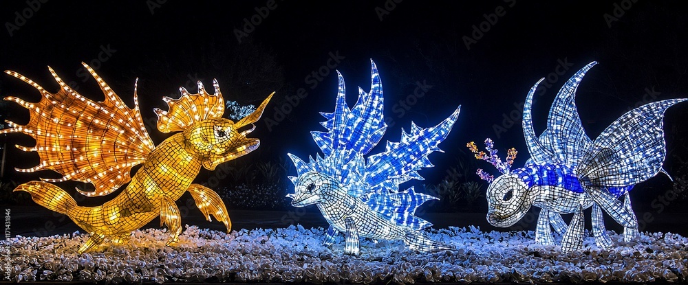 Fototapeta premium Illuminated mythical creatures with wings in winter setting.