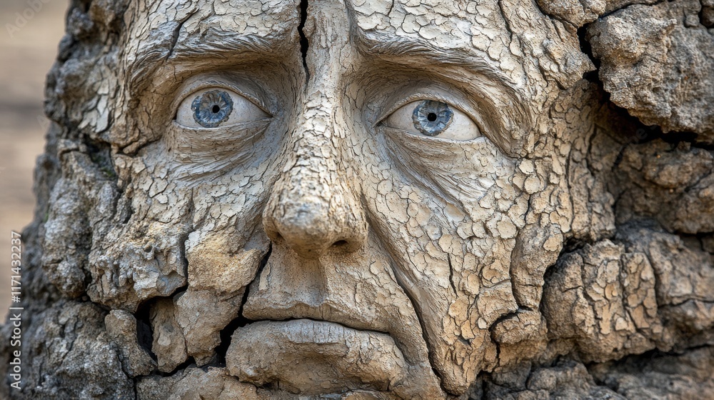 Weathered Stone Face Carved into Tree Trunk Weathered Stone Face Carved into Tree Trunk