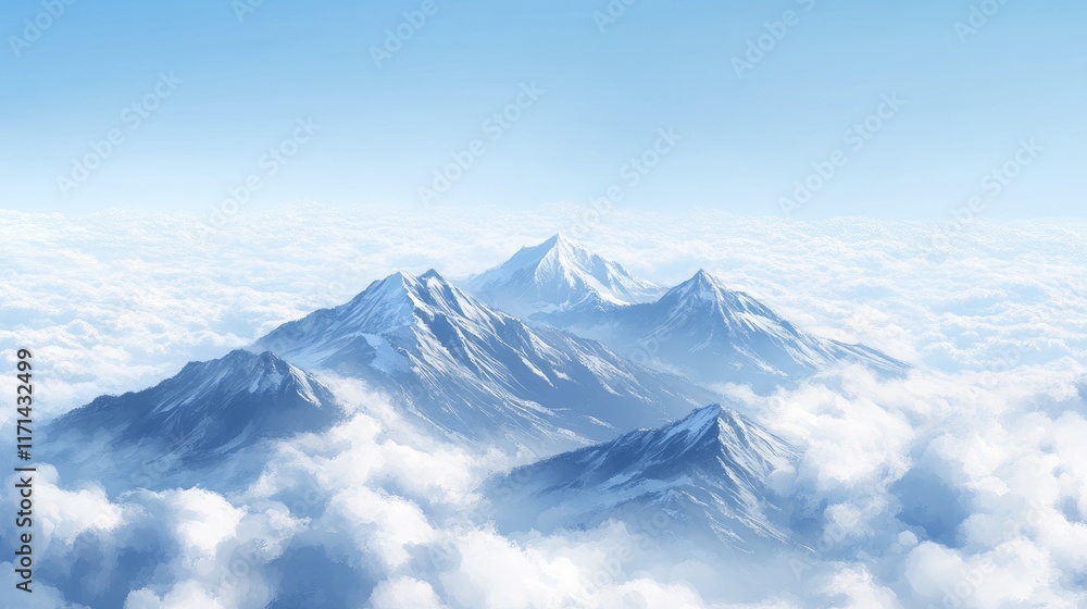 Snow-capped mountain peaks rise above a sea of clouds under a clear blue sky.
