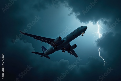 A damaged airplane is seen soaring through a stormy sky, with dark clouds swirling around it. Lightning strikes in the distance, illuminating the chaotic scene as the plane struggles to stay airborne