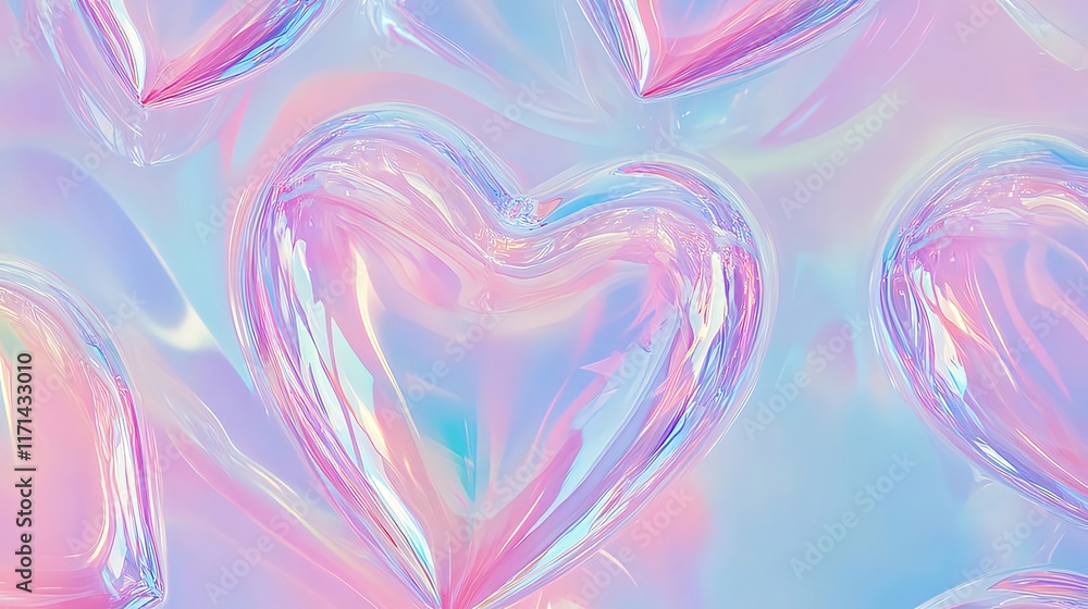 Holographic hearts on iridescent background. Holographic hearts on iridescent background.