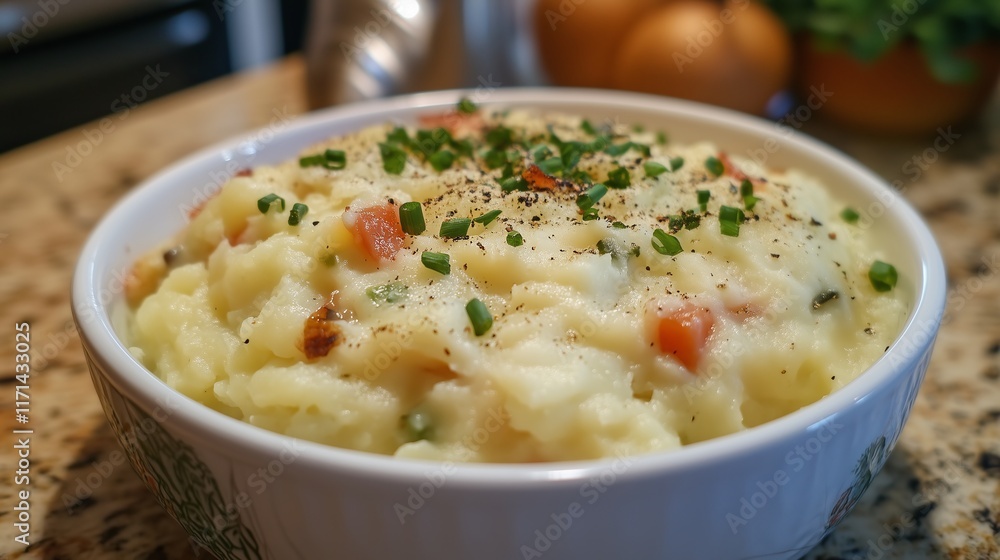 A dish of mashed potatoes with vegetables and herbs, garnished with fresh green onions and black pepper. Food is served in a white bowl on a marble countertop. A dish of mashed potatoes with vegetables and herbs, garnished with fresh green onions and black pepper. Food is served in a white bowl on a marble countertop.