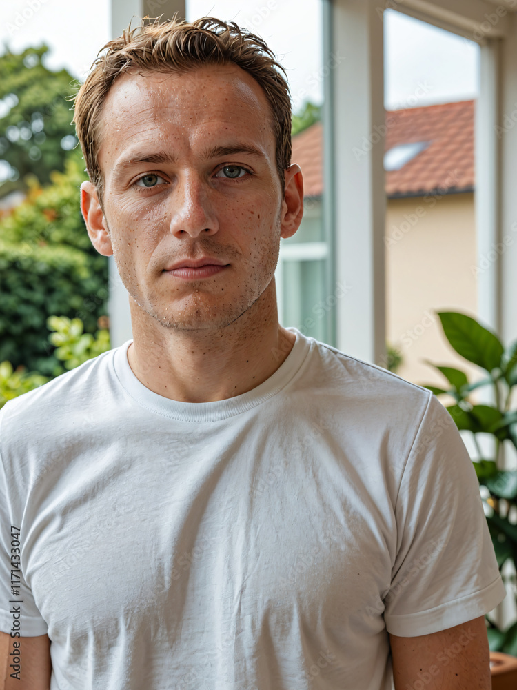Hombre blanco joven de cabello corto vistiendo una camiseta blanca de algodón casual al aire libre en verano Hombre blanco joven de cabello corto vistiendo una camiseta blanca de algodón casual al aire libre en verano