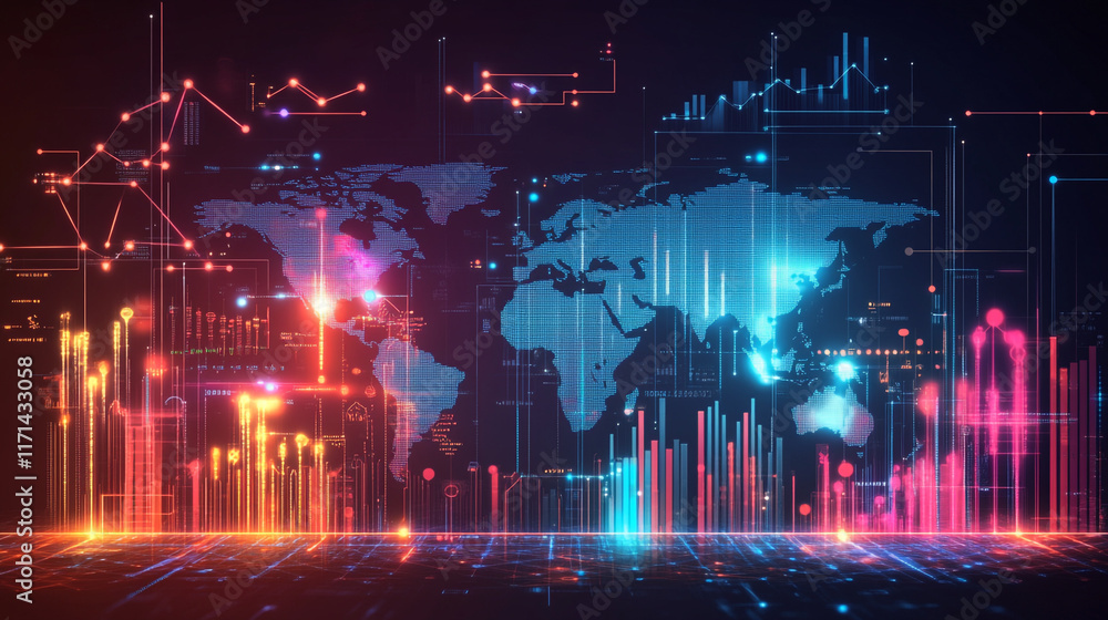 abstract dot point connect with gradient line concept world map, world map overlaid with interconnected lines and neon light effect, abstract digital planet world map background communication concept. abstract dot point connect with gradient line concept world map, world map overlaid with interconnected lines and neon light effect, abstract digital planet world map background communication concept.