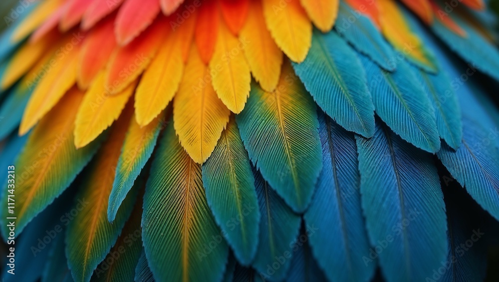Fototapeta premium Detailed close-up of colorful bird feathers in gradient shades of orange, blue, and green