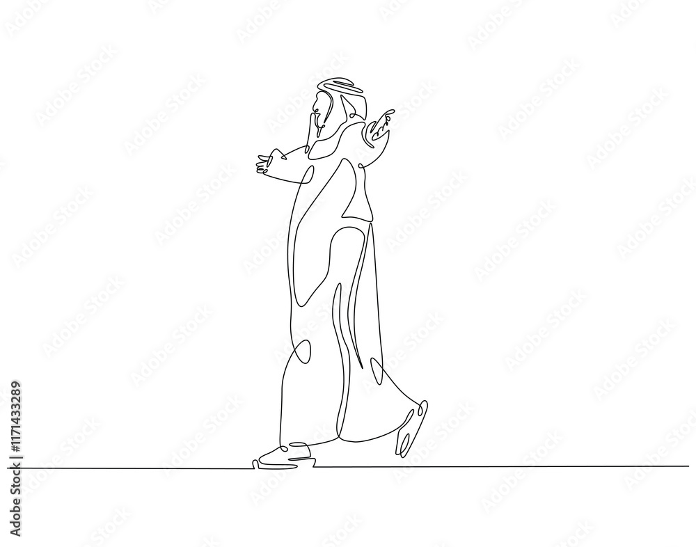 Continuous line drawing of arabian man. Single line illustration of arabic man standing. Islamic, muslim, arab concept. Editable outline Continuous line drawing of arabian man. Single line illustration of arabic man standing. Islamic, muslim, arab concept. Editable outline
