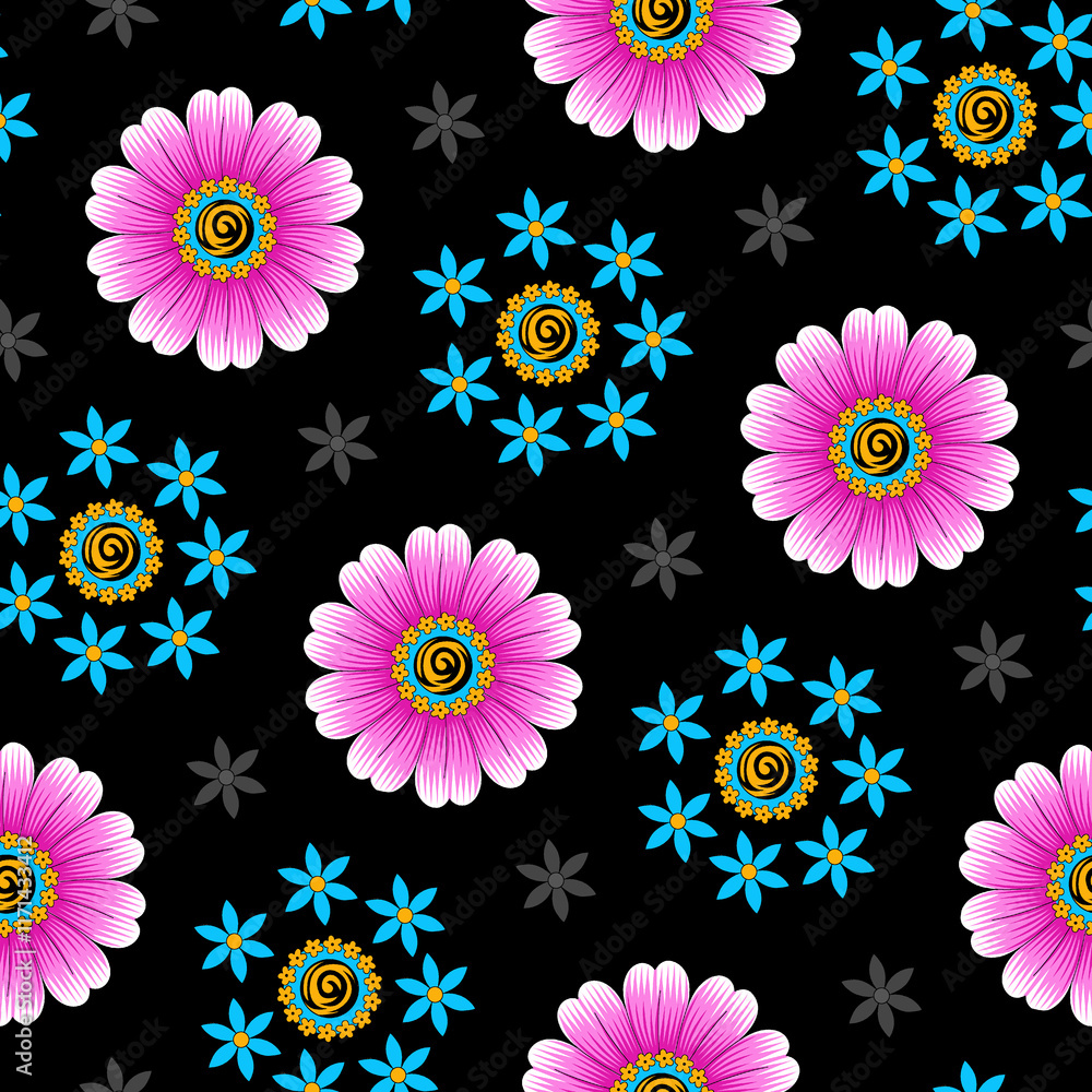 Abstract seamless color full flower leaf bunch pattern black background design Abstract seamless color full flower leaf bunch pattern black background design
