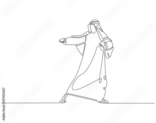 Continuous line drawing of arabian man. Single line illustration of arabic man standing. Islamic, muslim, arab concept. Editable outline