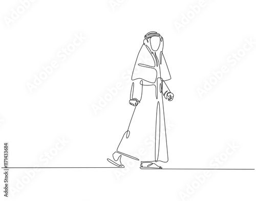 Continuous line drawing of arabian man. Single line illustration of arabic man standing. Islamic, muslim, arab concept. Editable outline