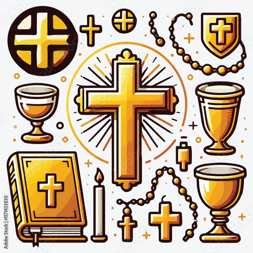 Christian icons set. Risen icons. Cross, communion, bible, and so on. Vector stock illustration