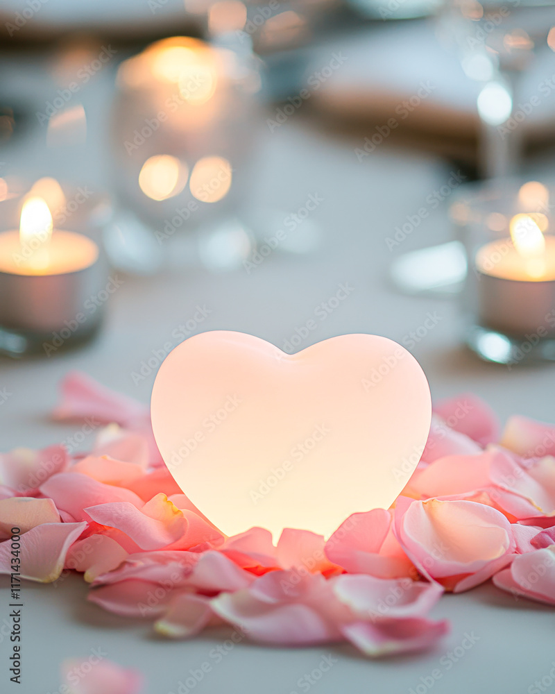 A heart-shaped candle sits on a table with pink petals and other candles A heart-shaped candle sits on a table with pink petals and other candles