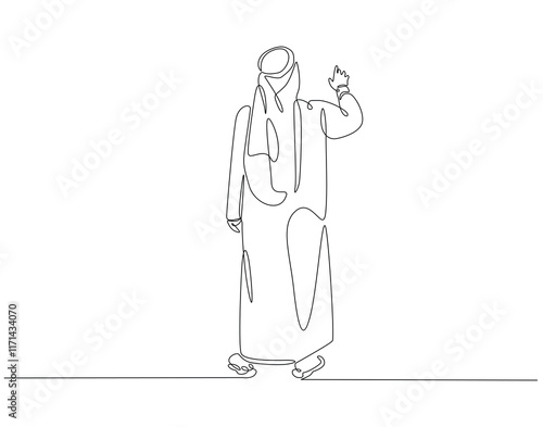 Continuous line drawing of arabian man. Single line illustration of arabic man standing. Islamic, muslim, arab concept. Editable outline