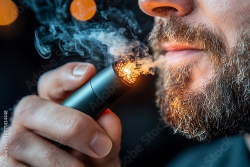 Closeup shot of a bearded man vaping or smoking an e cigarette creating a cloud of vapor or smoke in a dark moody background  The image captures the man s facial features and the hazy photo