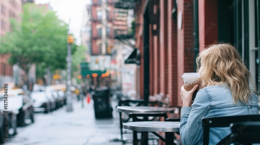 Fototapeta premium A woman with blonde hair holding a coffee cup sits at an outdoor café on a quiet urban street.