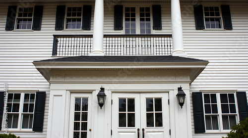 Wallpaper Mural White Clapboard House Entrance with Balcony and Double Doors Torontodigital.ca