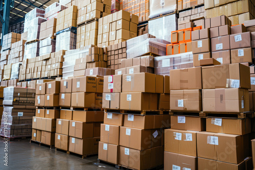 Cardboard boxes stacked high in distribution warehouse