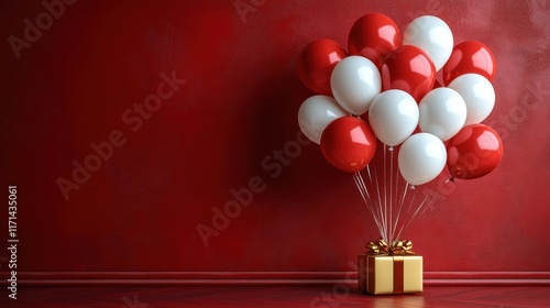 Festive balloons and a golden gift box create a cheerful atmosphere in a cozy red room perfect for celebrations. Generative AI photo