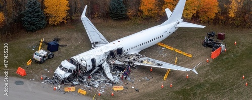 Airplane crash incident at airport aerial view of damaged aircraft in field