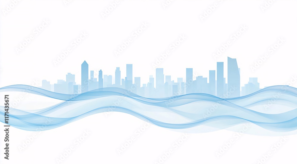 Abstract city skyline with flowing blue waves. (1) Abstract city skyline with flowing blue waves. (1)