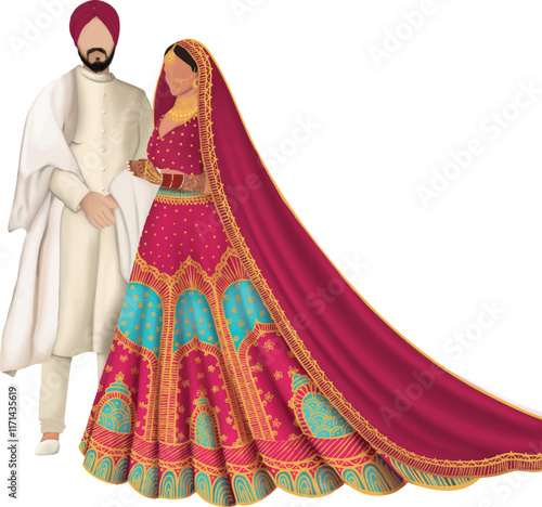 wedding portrait, wedding couple caricature, a woman in a red lehenga, a man in a beige sherwani
