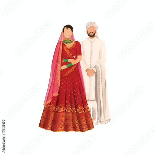 bride in red lehnga, faceless couple caricature, wedding couple caricature