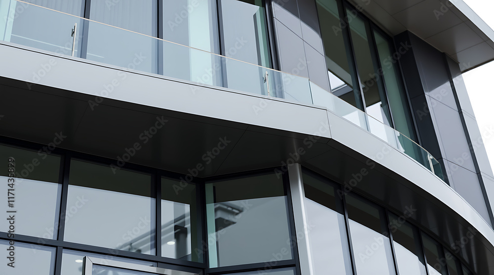 Modern Building Exterior with Glass Balcony and Multi-Paned Windows Modern Building Exterior with Glass Balcony and Multi-Paned Windows