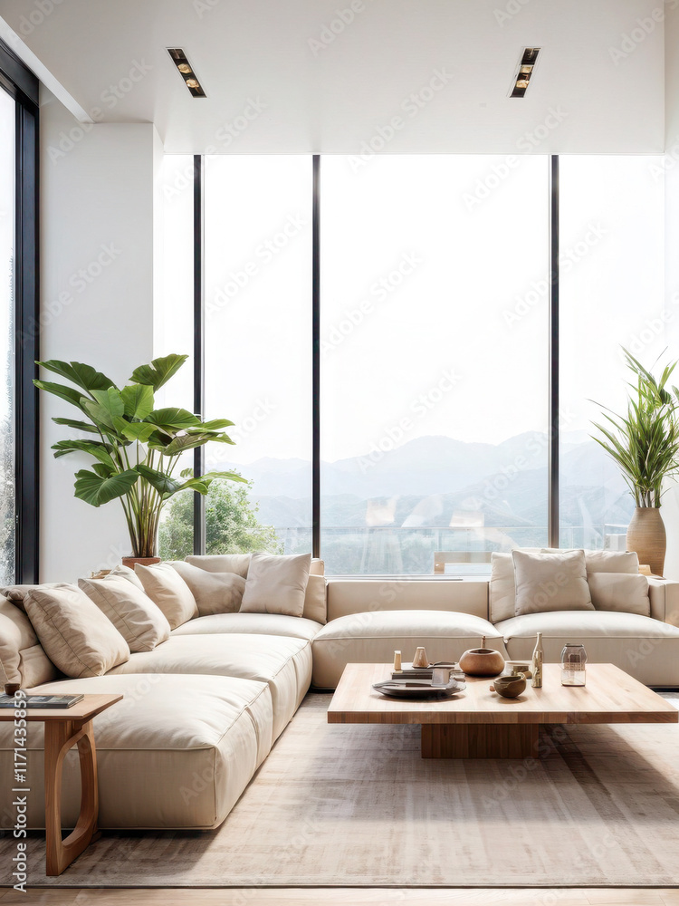 Fototapeta premium A bright and airy living room with minimalist wooden furniture, large indoor plants, and a serene view of the mountains through floor-to-ceiling windows. Generative AI