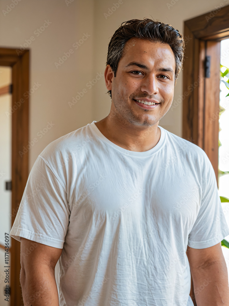 Fototapeta premium Retrato sonriente de un hombre blanco musculoso joven y apuesto de cabello corto y negro con algunas canas en el interior de una habitación vistiendo una camiseta blanca de algodón casual