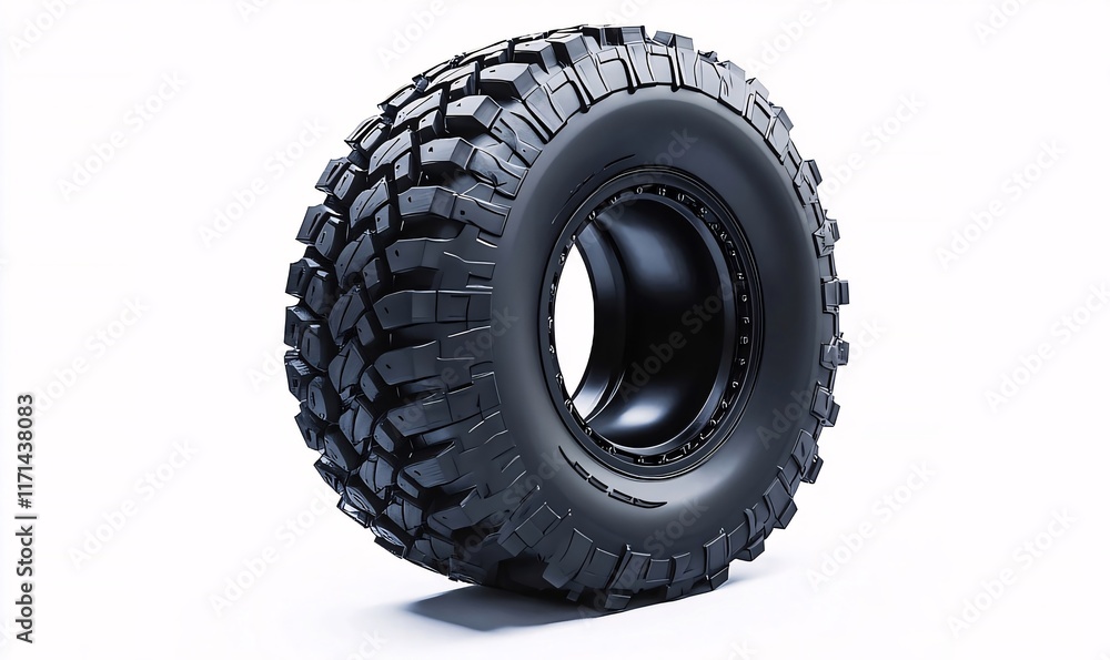 Black off-road tire with aggressive tread pattern on white background. Black off-road tire with aggressive tread pattern on white background.