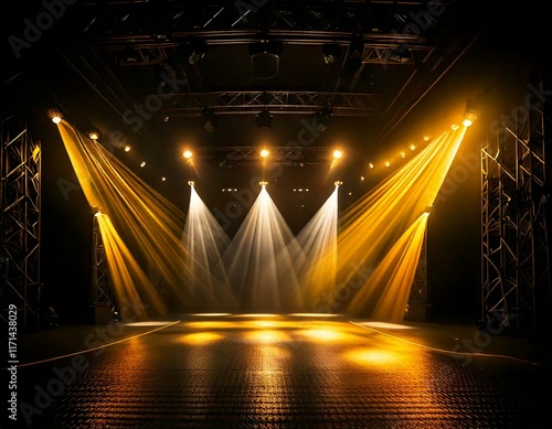 Des projecteurs jaunes et blancs illuminent une scène sombre, créant un décor saisissant idéal pour inspirer des idées créatives et préparer une performance captivante Generated image