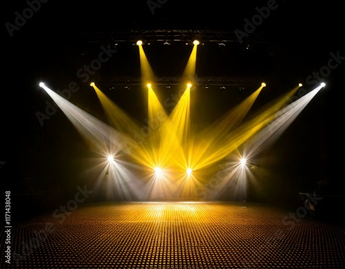 Des projecteurs jaunes et blancs illuminent une scène sombre, créant un décor saisissant idéal pour inspirer des idées créatives et préparer une performance captivante Generated image