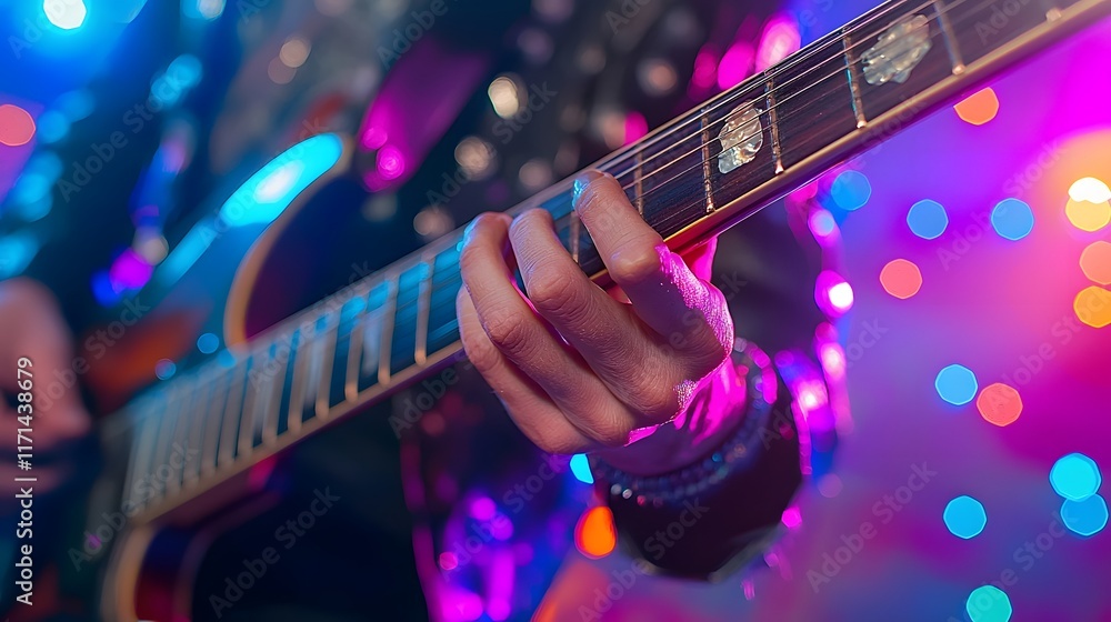 Obraz premium Close up view of a rock musician s skilled hands gripping the neck of an electric guitar during a dynamic live show performance on stage showcasing the passion and technical expertise of the