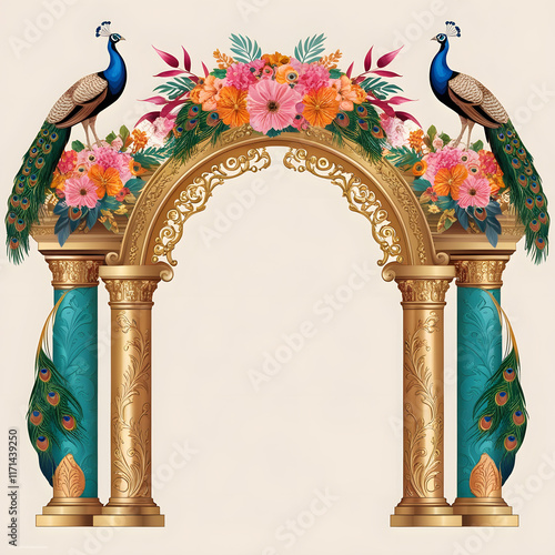 Decoration Wedding Stage With Pillar Arch Decorated Flower And Leaf