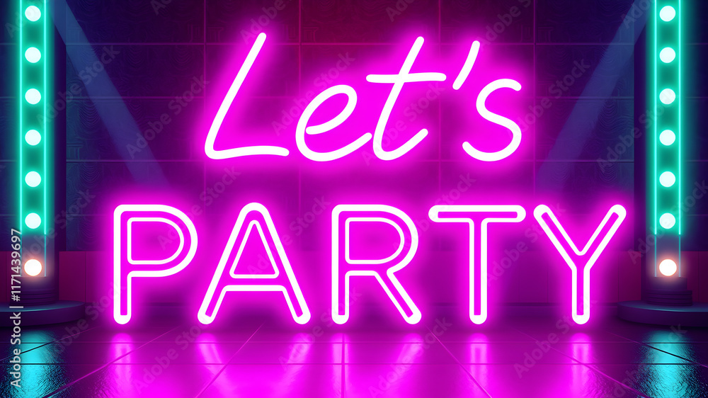 “Let’s Party” text in a neon light font with a nightclub theme. Generative AI “Let’s Party” text in a neon light font with a nightclub theme. Generative AI