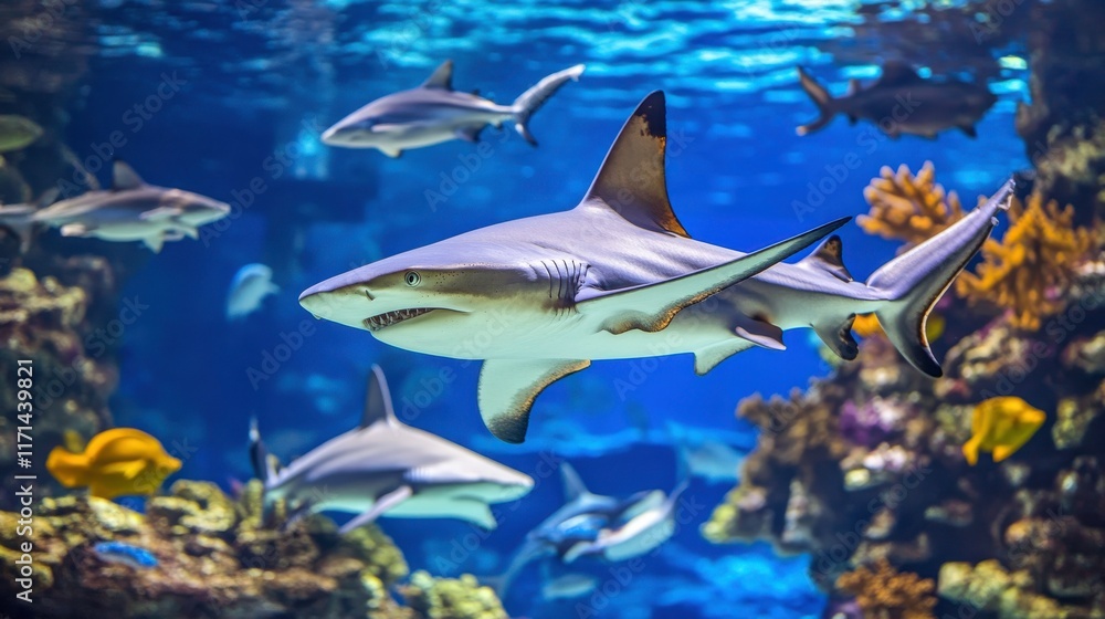 Obraz premium Sharks Swimming Gracefully in Open Ocean Scene