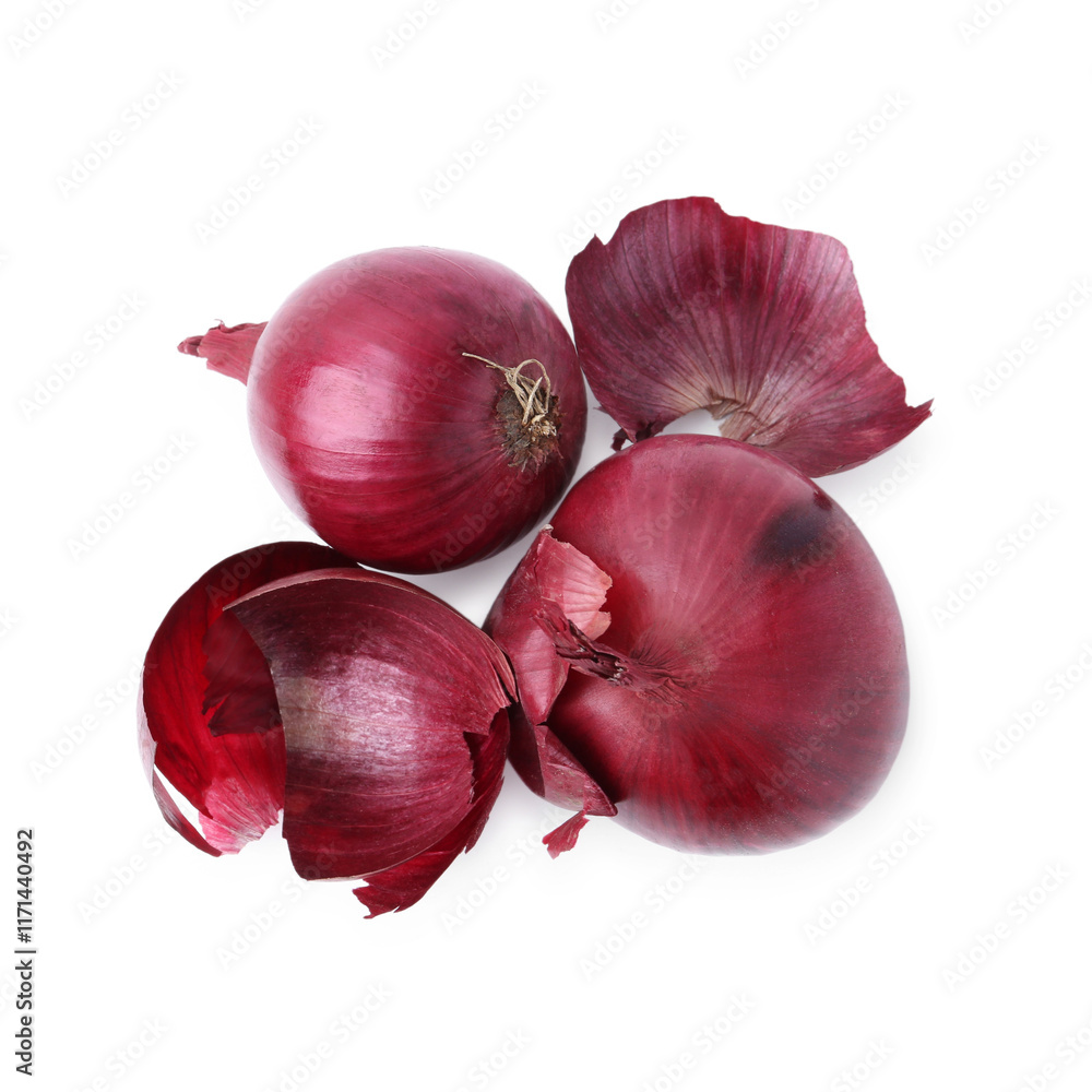 Fresh onions with peels isolated on white, top view