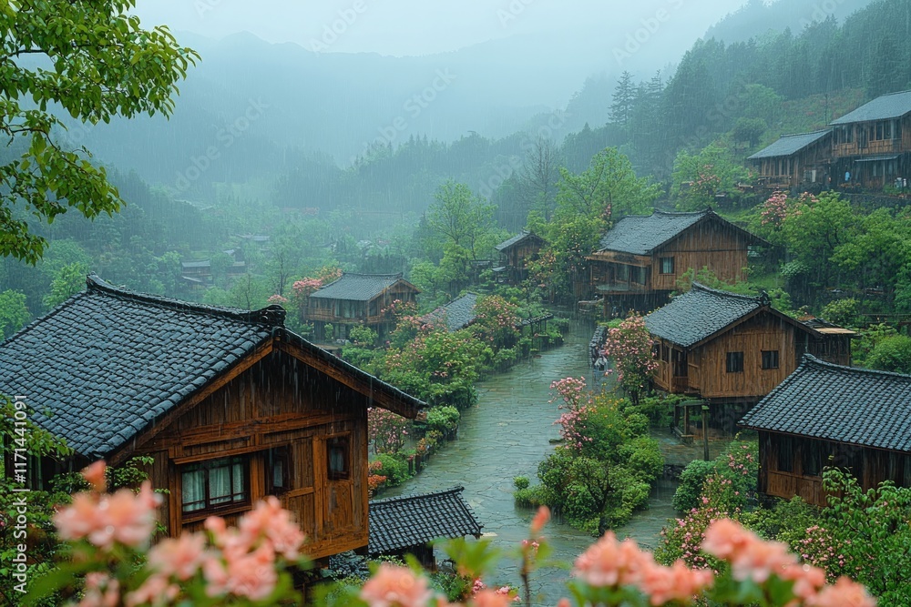 Rainy mountain village, wooden houses, blooming flowers. Rainy mountain village, wooden houses, blooming flowers.